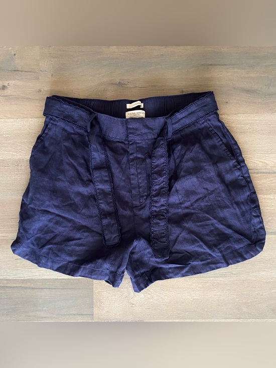 Laura Ashley Pants - Laura Ashley Navy High-Waist Linen Shorts with Tie